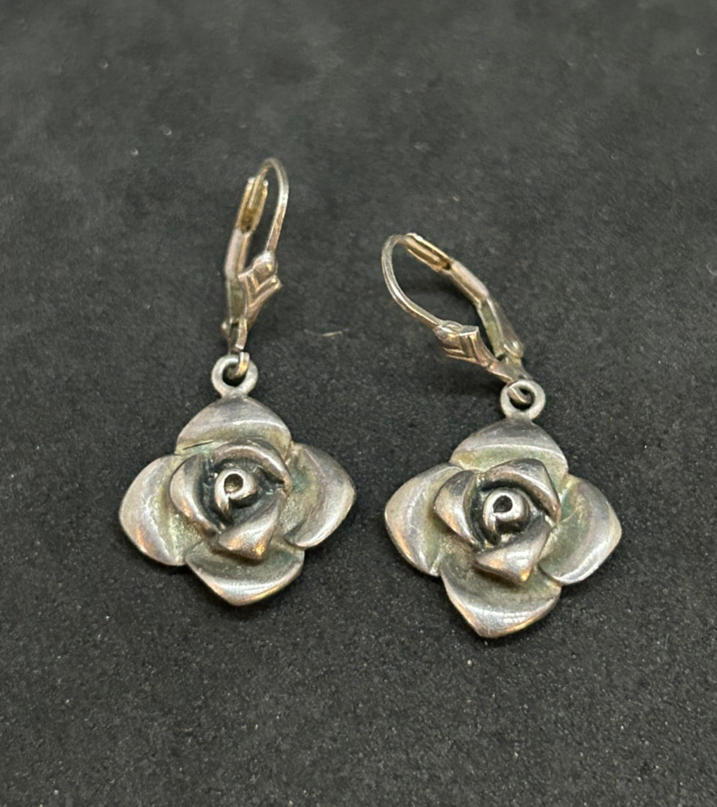 925 Sterling Flower Dangle Drope Earrings 0.5in – 5.92g