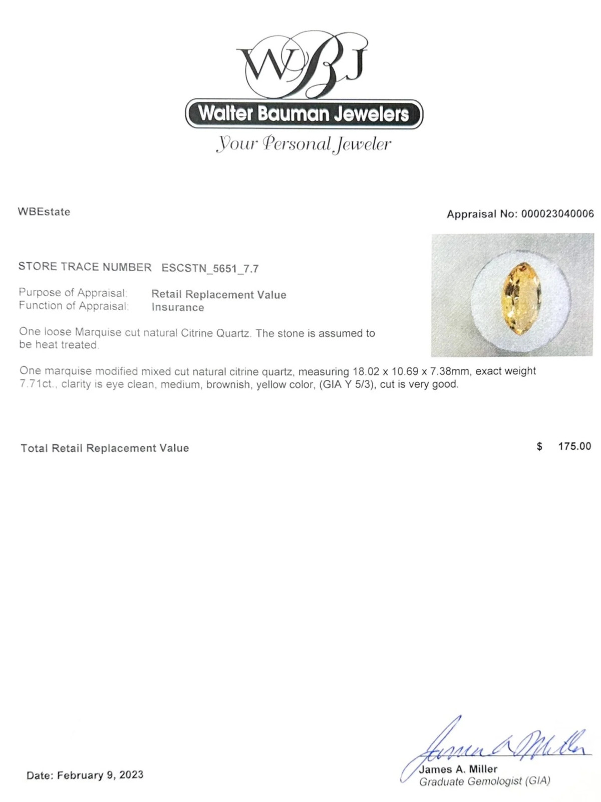 Estate 7.71ct Marquise Citrine Loose Gemstone