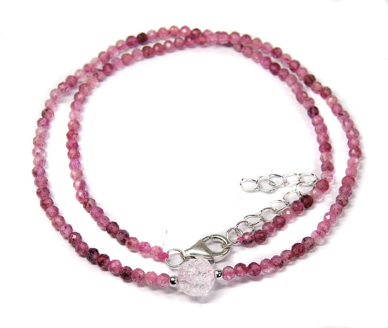 Healing Stone Strawberry Quartz Necklace 925 Silver Faceted Ø-3 mm with Rock Crystal Bead