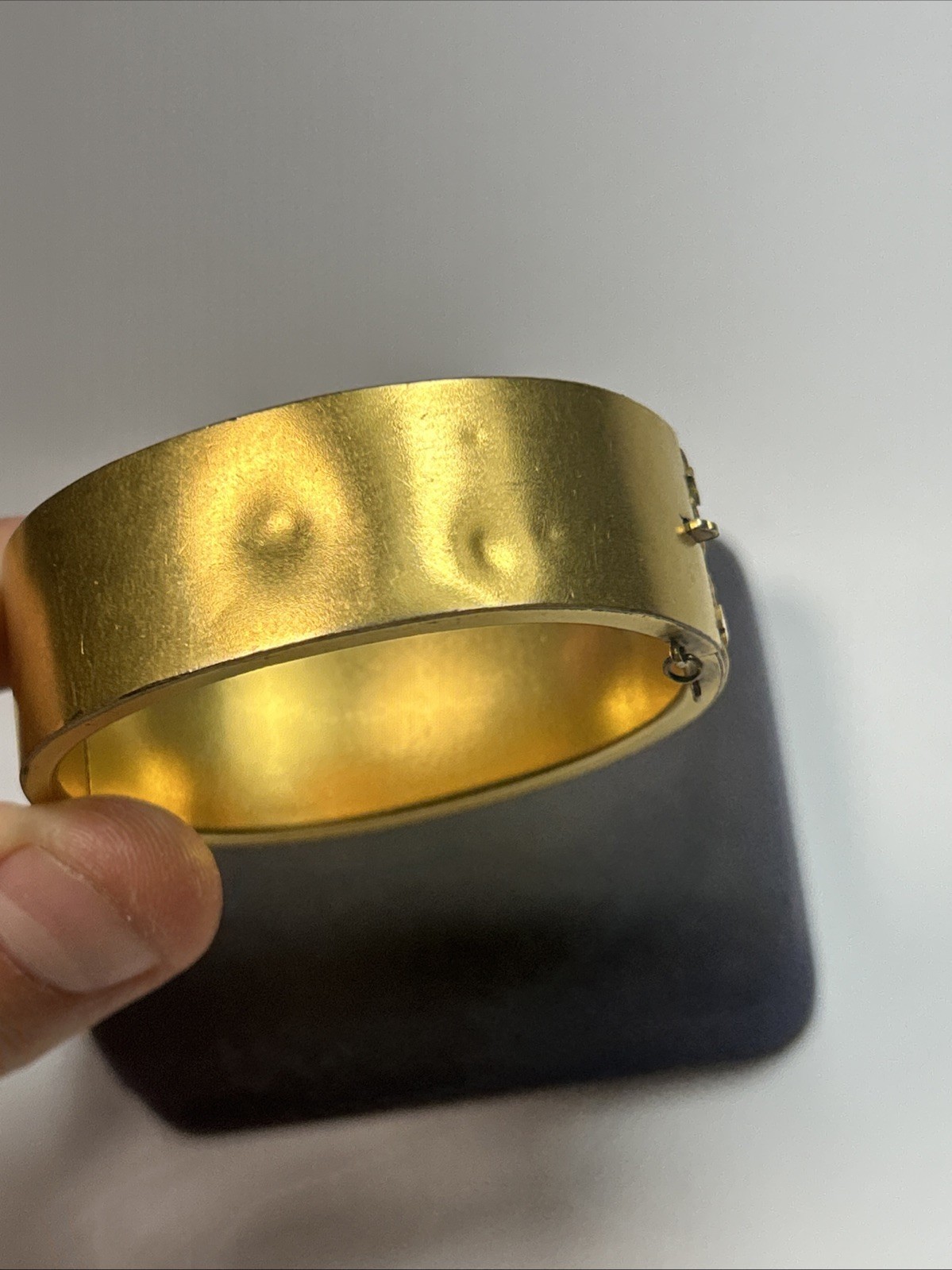 Victorian Etruscan Revival Gold Gild Wide Floral Motif Insert Clasp Bangle