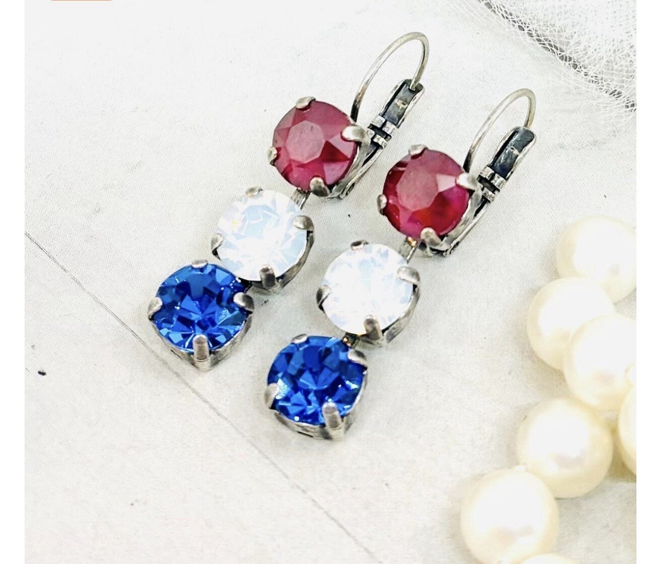 8mm Red White And Blue Patriotic Opalescent Triple Stone Cup Chain Earrings
