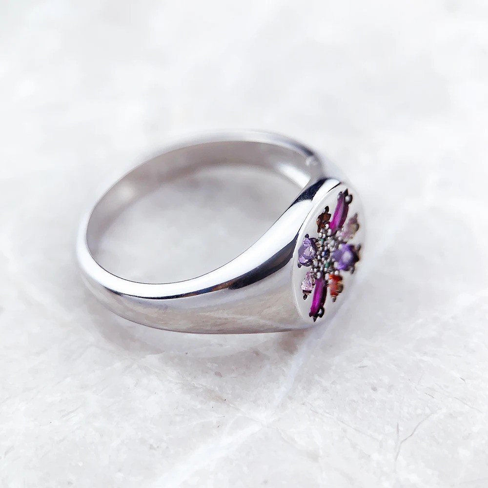 Signet Multicolor Gemstone Floral Blossom Ring size 7 or 8 or 9