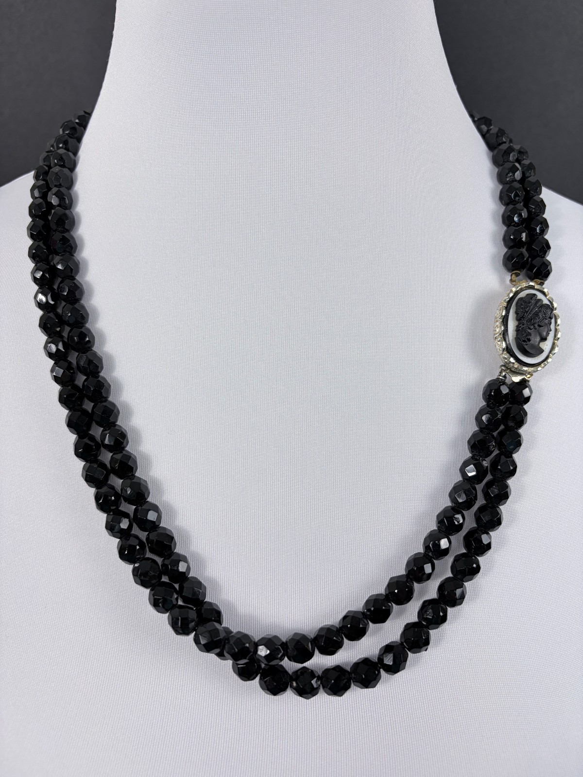 Black Glass Beaded Necklace Double Strand Cameo Clasp Art Deco French Jet Vtg