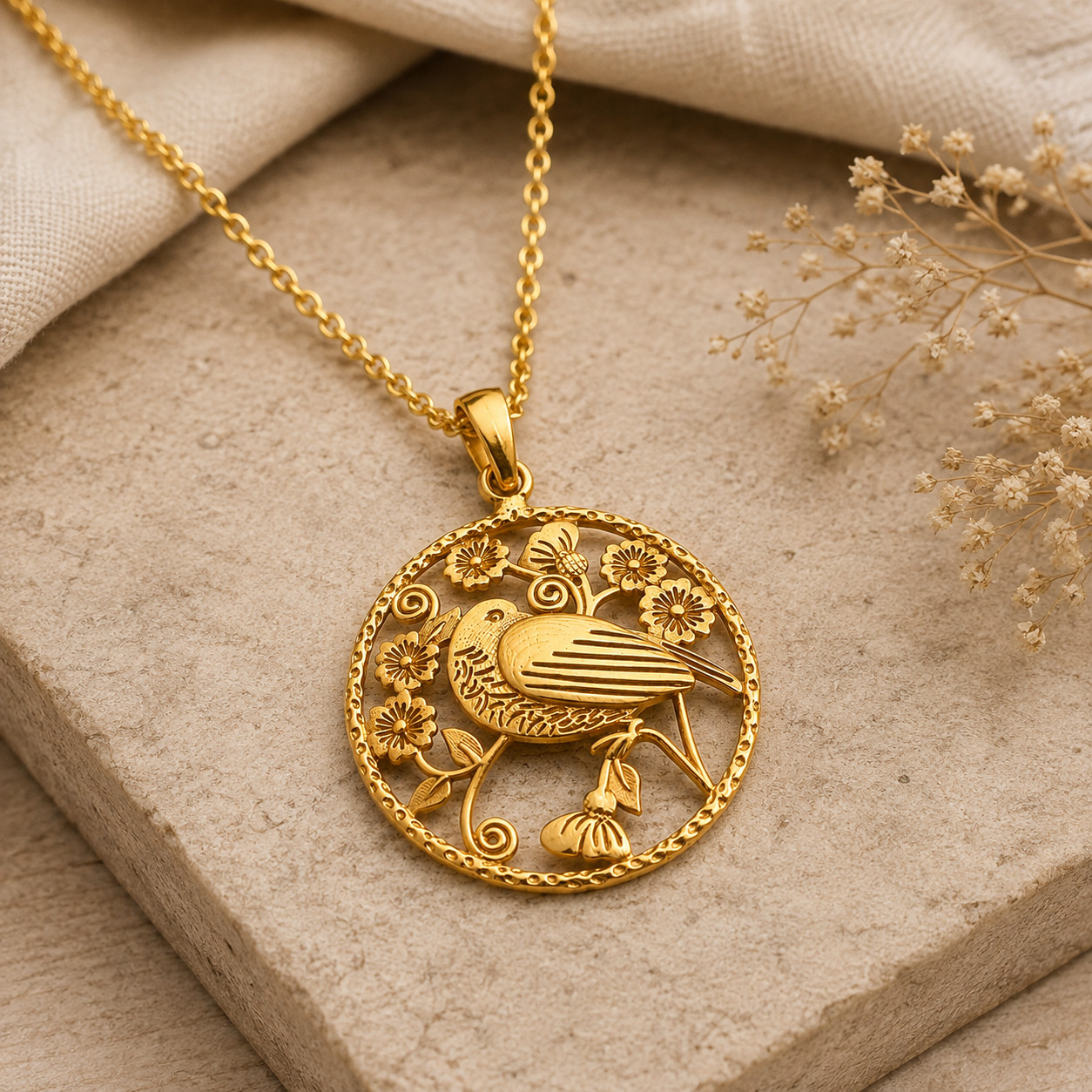 Pure Brass Bird on Branch Gold Color Pendant Nature Floral Charm Gift for Her.