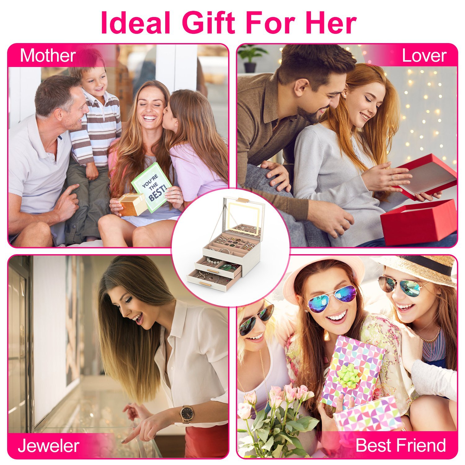 Jewelry Box with LED Mirror 3-Layer Jewelry Bracelets Organizer with 2 Drawers