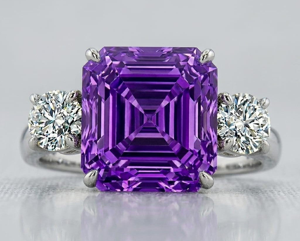 10.80 Ct Certified Asscher Purple Natural Diamond Ring VVS1 White Gold Finish