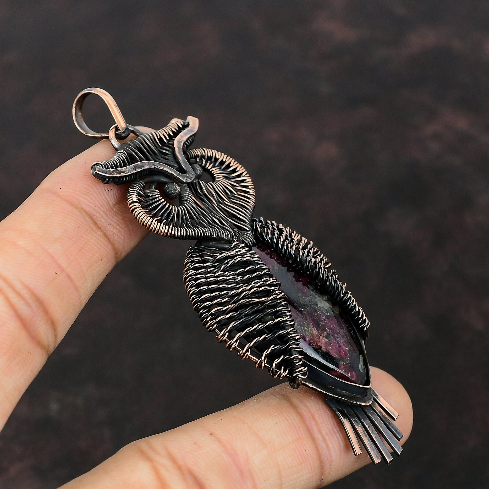 Valentines Sale Eudialyte Stone Copper Wire Wrapped Owl Wedding Pendant Jewelry