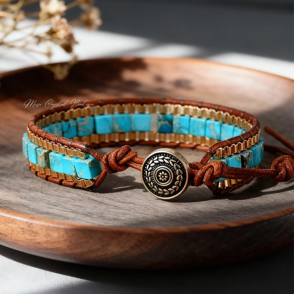 Natural Turquoise Leather Bracelet For Men Women Braided Boho Gemstone Jewelry