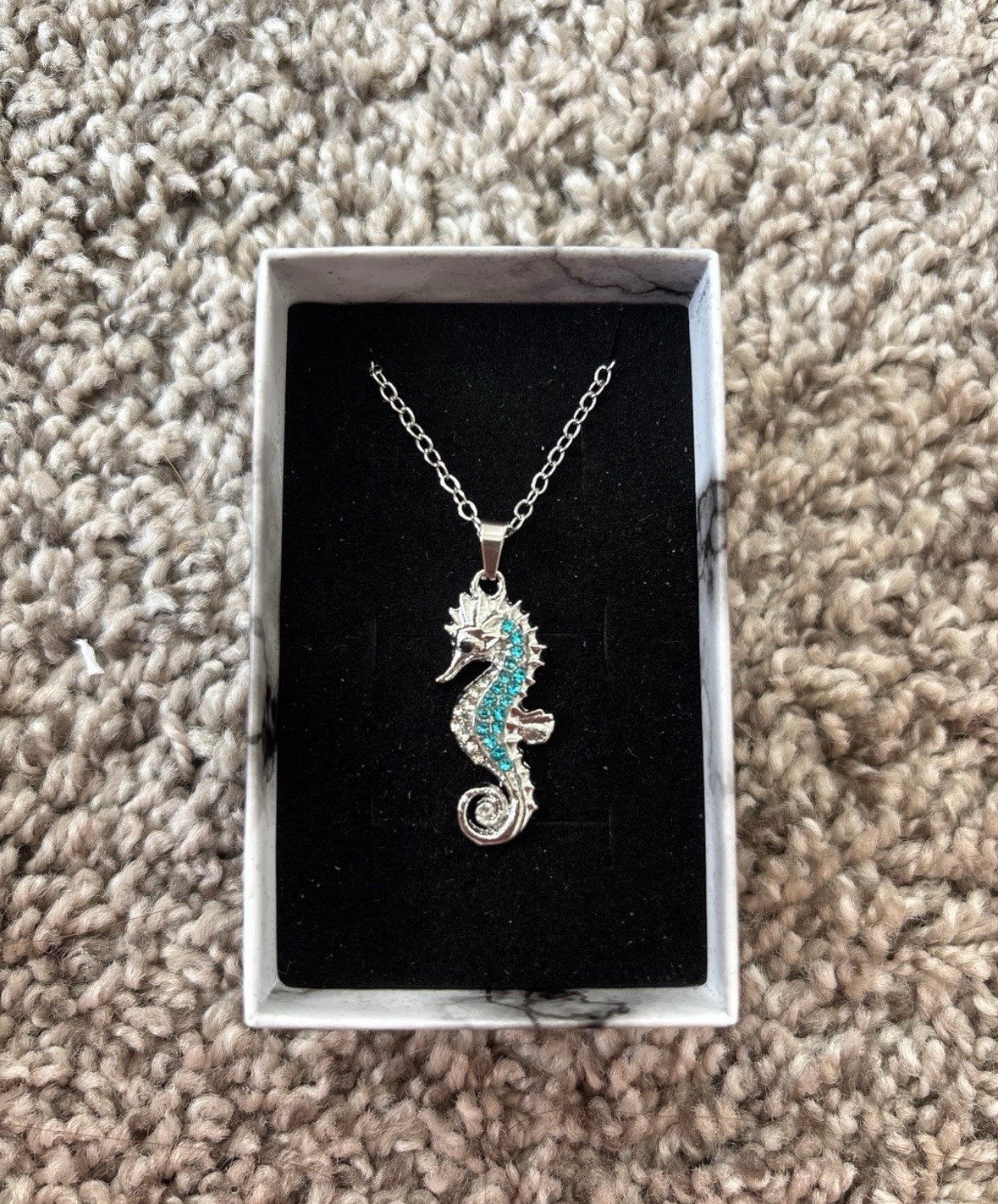 Beautiful Silvery & Teal Sea Horse Necklace With Lobster Clasp And Jewelry Box