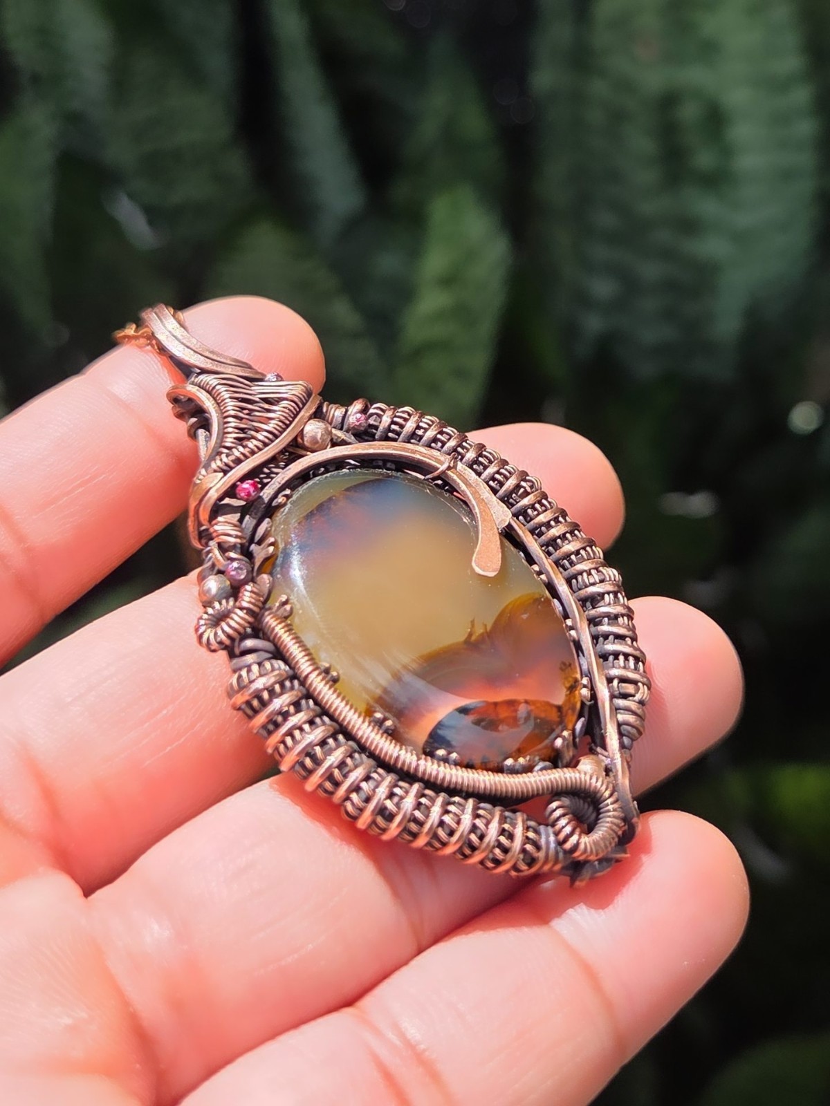 Handcrafted Copper Natural Natural montana Agate Wire Wrapped Pendant