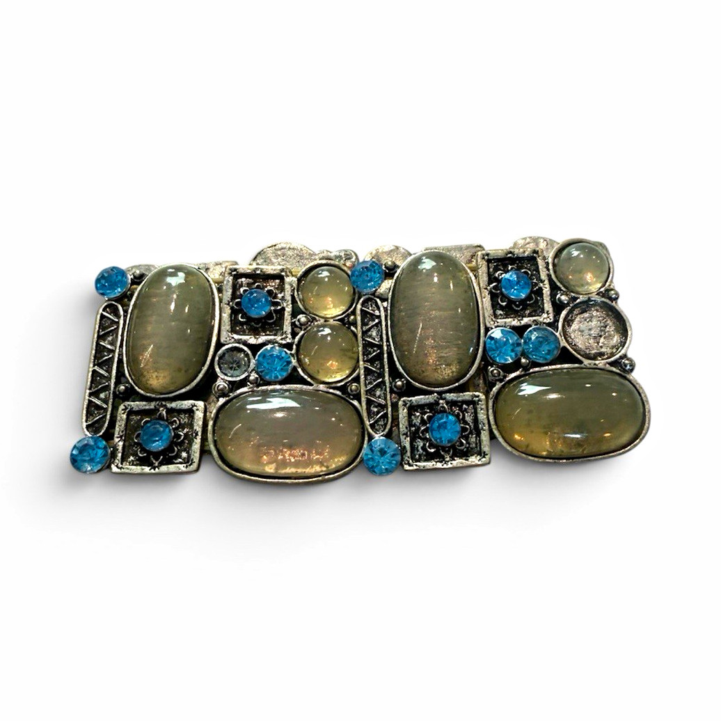Silver Tone Metal Cuff Bracelet with Oval Blue & Gray Stones