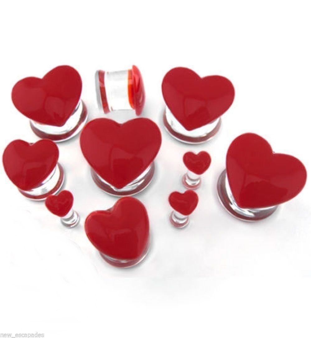 PAIR-Glass Heart Red Saddle Flare Ear Plugs 12mm/1/2″ Gauge Body Jewelry