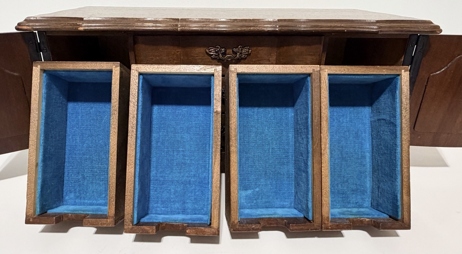 Vintage Wood Jewelry Box Blue Velvet Lined Plays Music Table Top 7 Drawers Doors