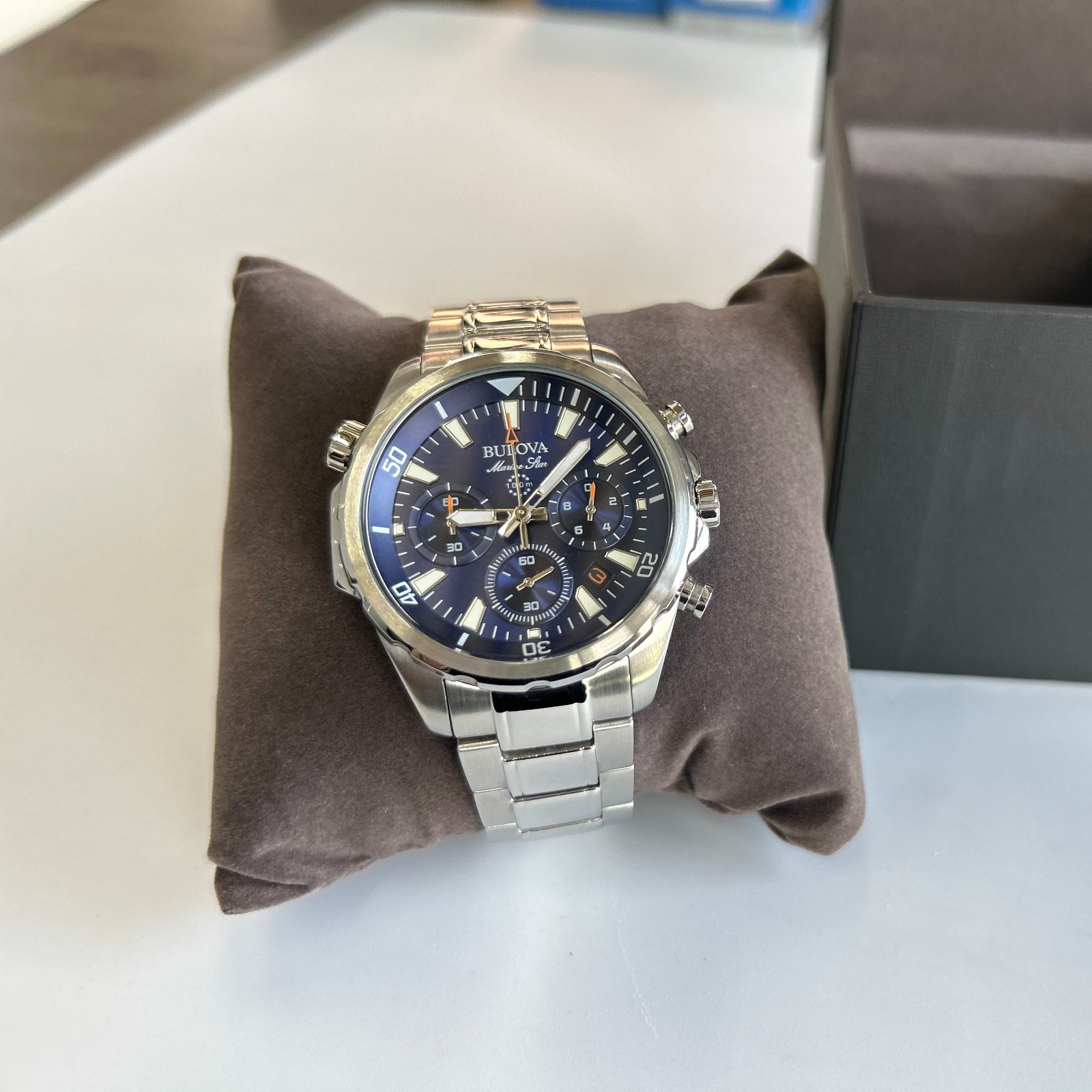 Bulova Men’s Marine Star 96B256 Blue Dial Stainless Chronograph Quartz Watch New