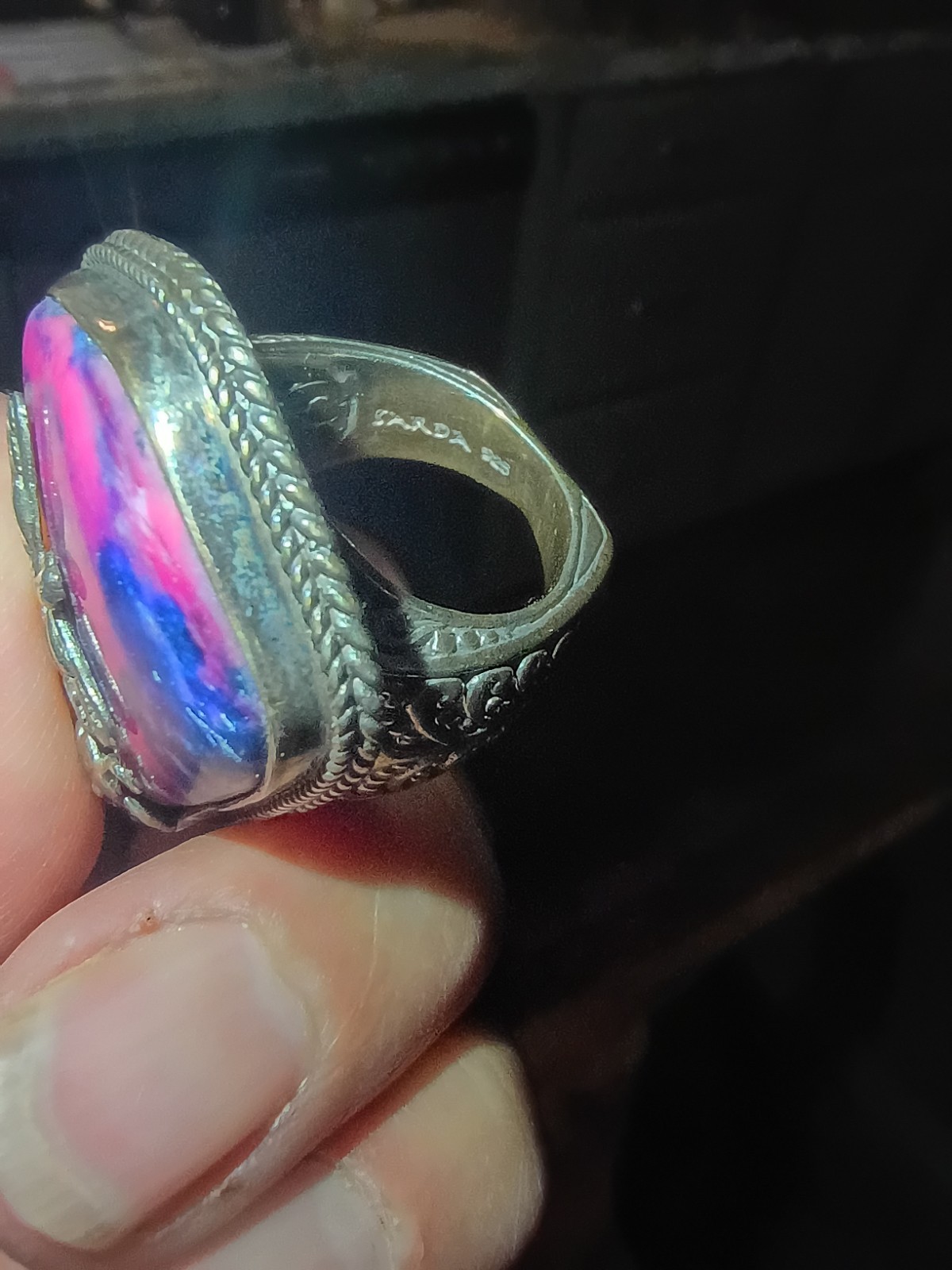 Sarda Bali Artisan Sterling Silver Dragonfly Tye Dye Stone Ring Sz 7 Purple Pink