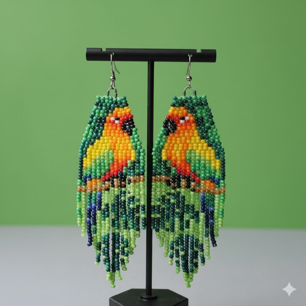 Parrot Tribal Earrings Native Boho American Seed Beads Handmade Earring