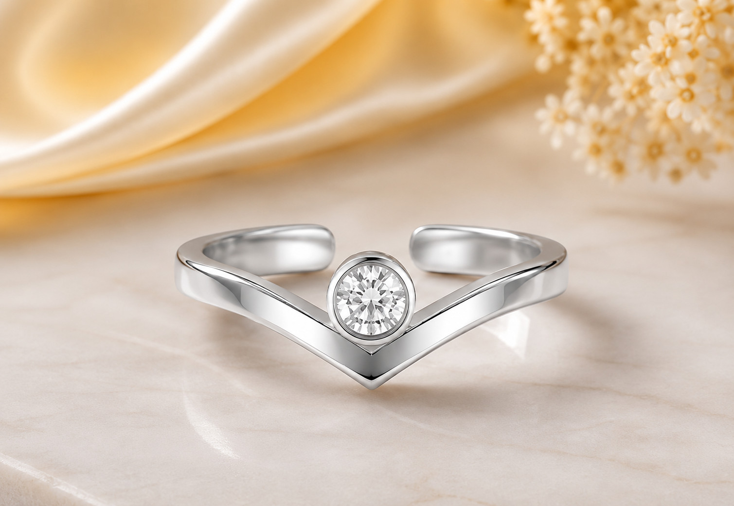 925 Sterling Silver Open V Ring Round White Topaz Bezel Set Minimalist Ring