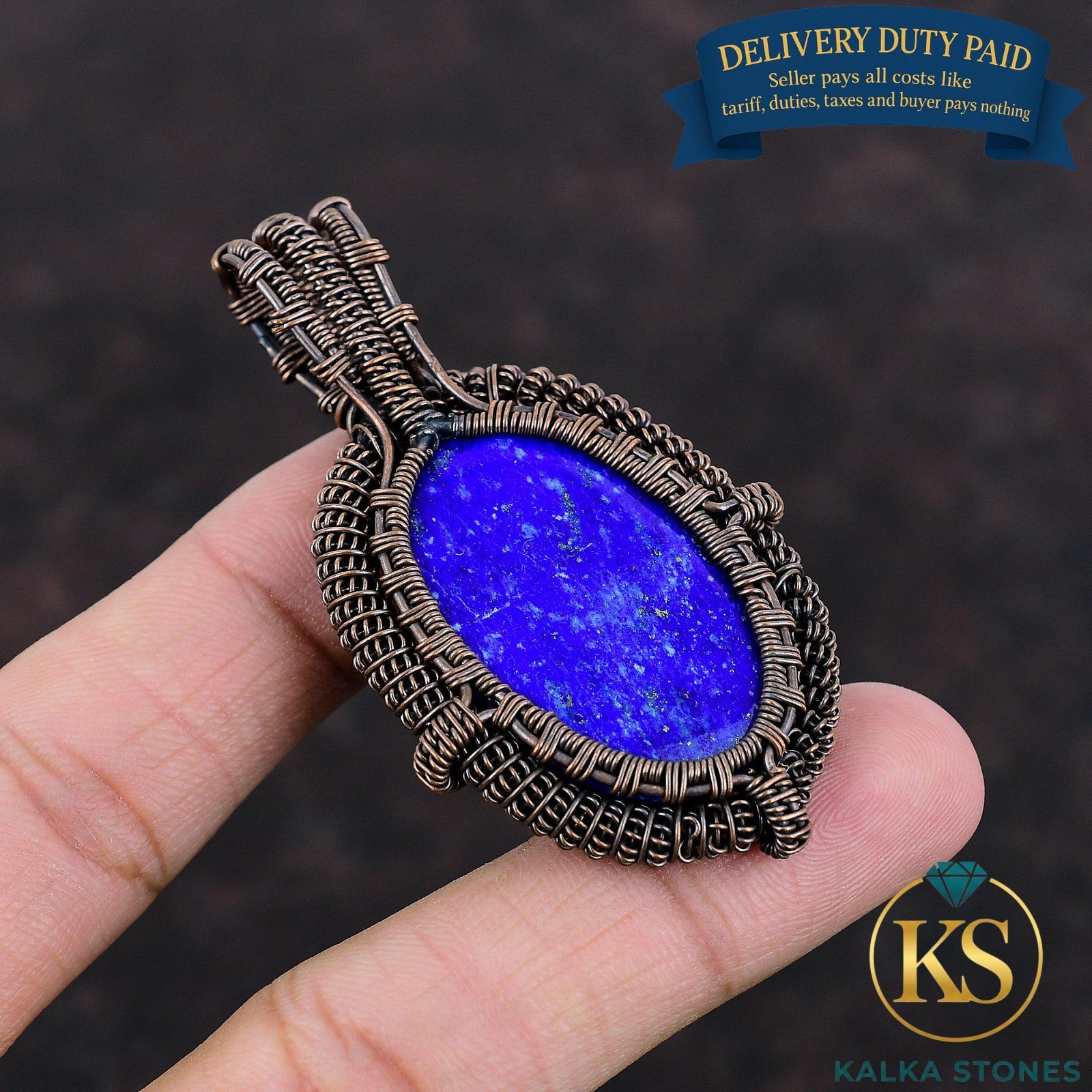 Lapis Lazuli Gemstone Copper Sister September Birth Wire Wrapped Pendant Jewelry