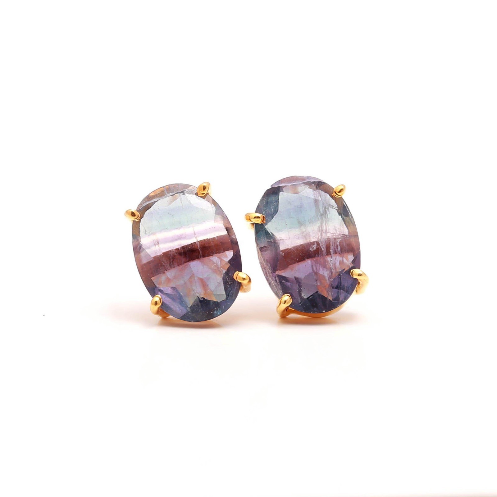 Natural Fluorite Oval Stud Earrings Gold Plated Solid Silver Designer Jewelry