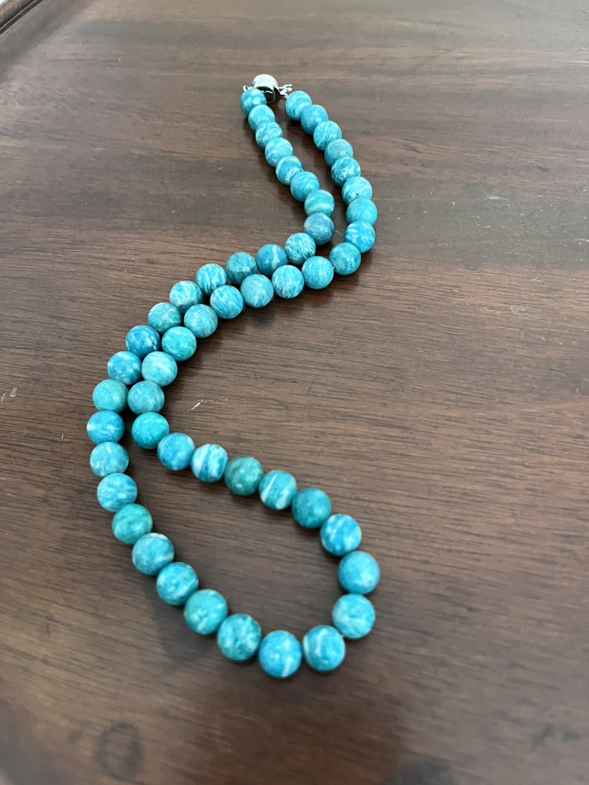 Gorgeous and Simple Green Amazonite Stone Beaded Necklace Silver Clasp