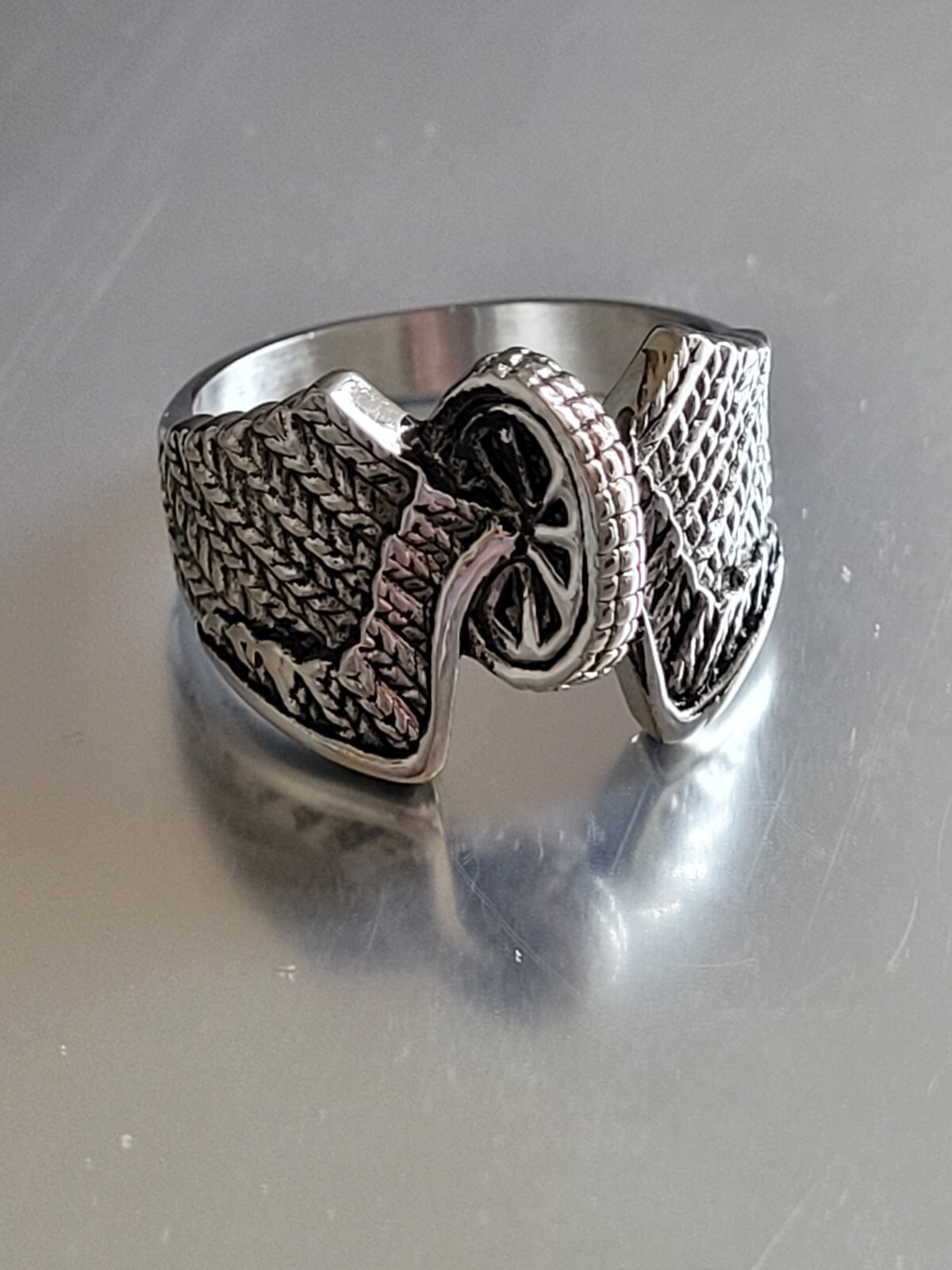 Stainless Steel Polished Winged Wheel Ring – Stainless Steel Biker Ring