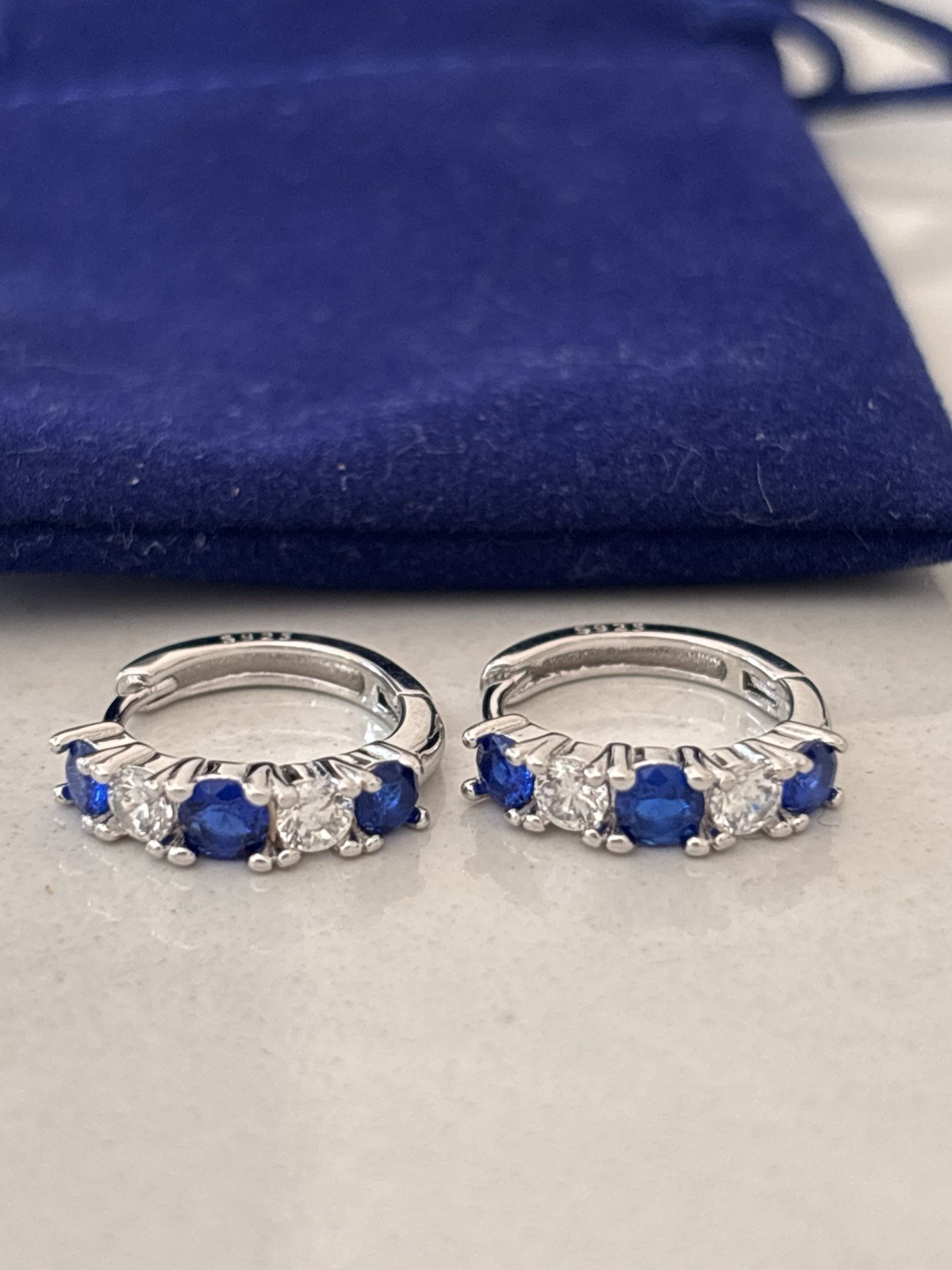 Sterling Silver Blue Sapphire CZ Huggie Hoop Earrings 925 Cubic Zirconia Gift