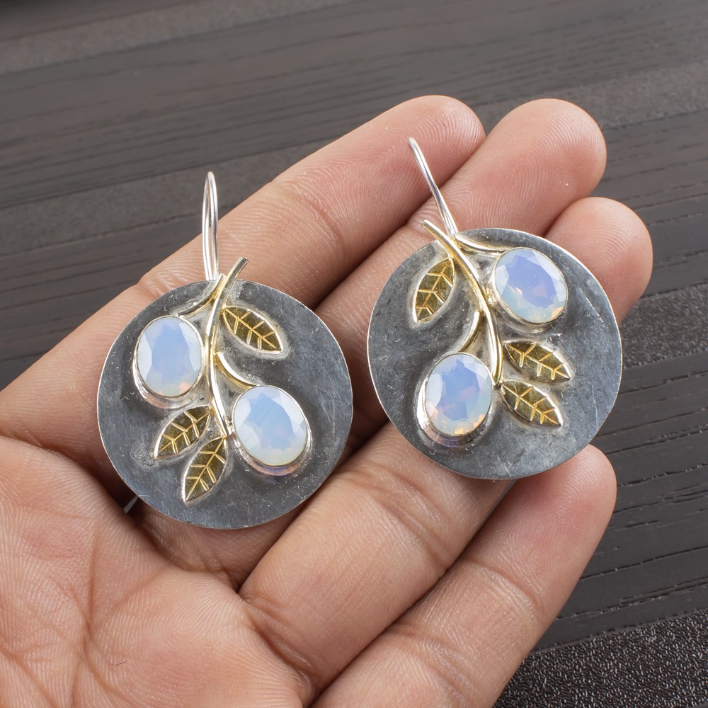 Sterling Silver Milky Opal Stone Engagement Dangle Bezel October Sister Earrings
