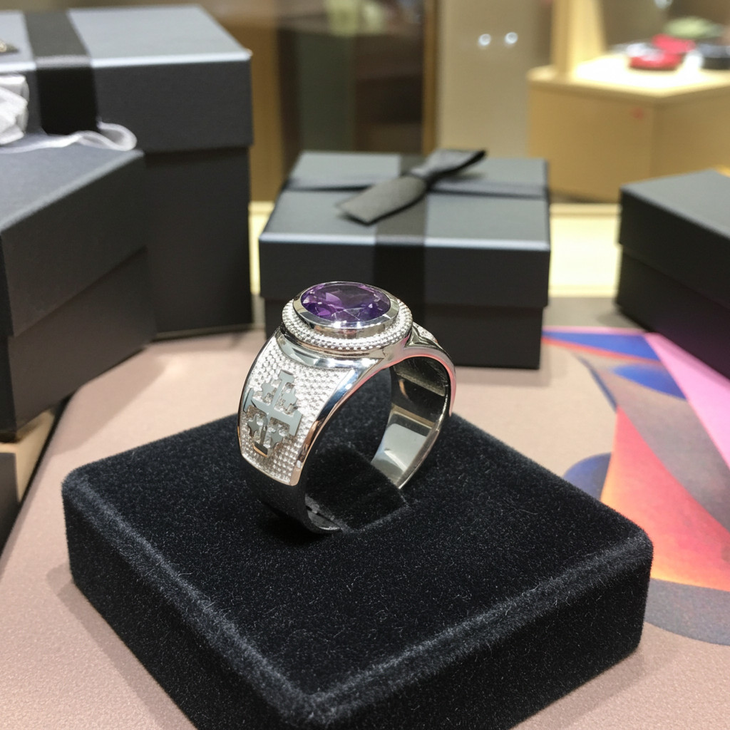 Sterling Silver Jerusalem Cross Birthstone CZ Ring