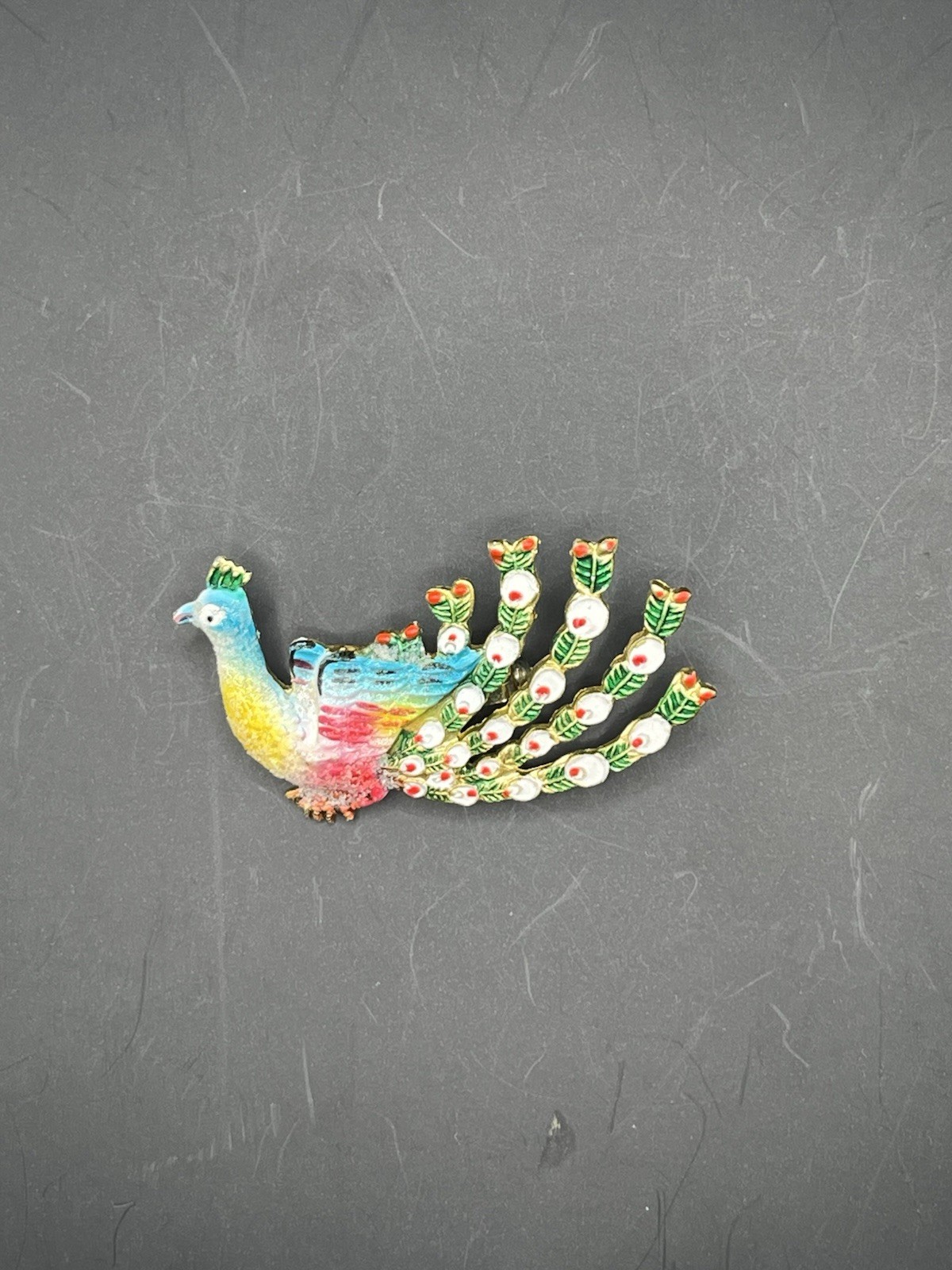 Vintage Gold Tone Painted Peacock Brooch Pin Marked KOREA