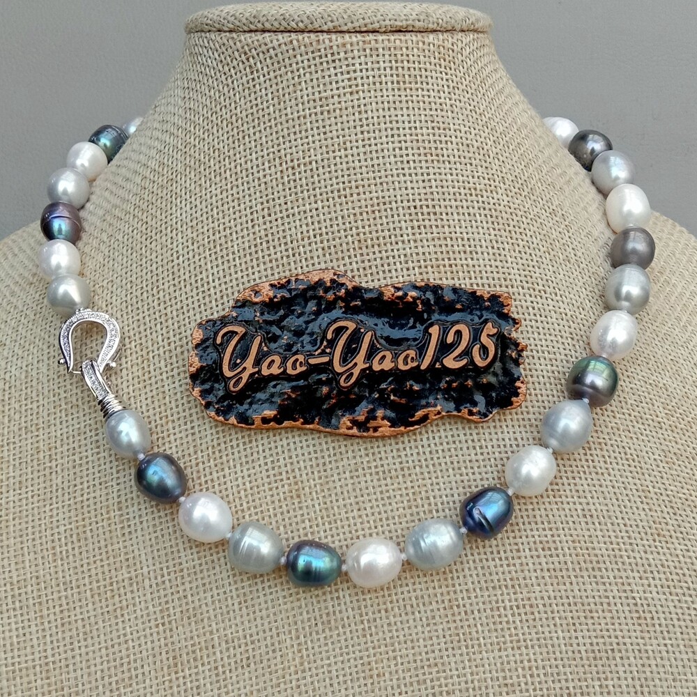 Freshwater Black Gray White Rice Pearl Mixed Color Pearl Necklace For Women 17″