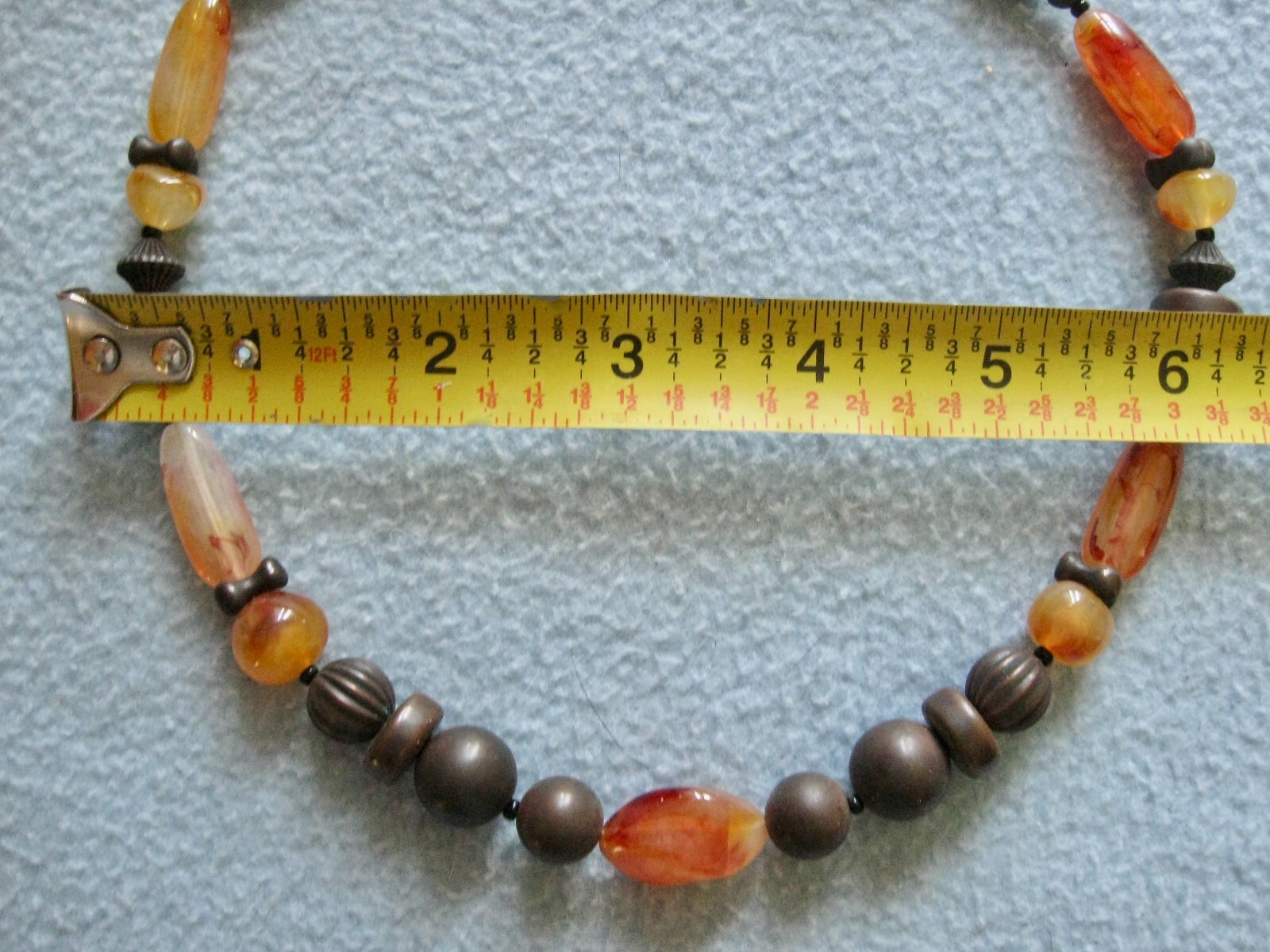 Choker Orange & Brown Beads Spring Ring Clasp; 6″ Diam or 9″ Drop; Quartz?