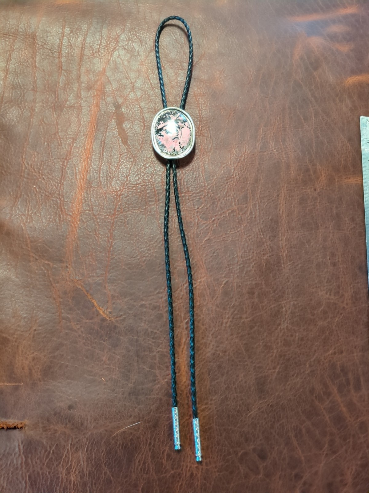 bolo tie sterling silver handmade rhodonite