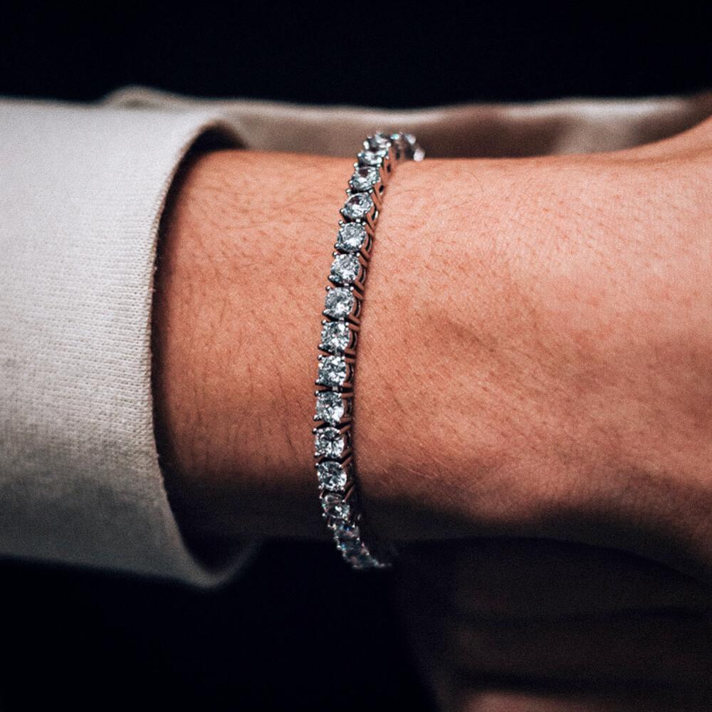 Silver White Gold Plated Solitaire Cz Iced 4mm Tennis Chain Bracelet For Men