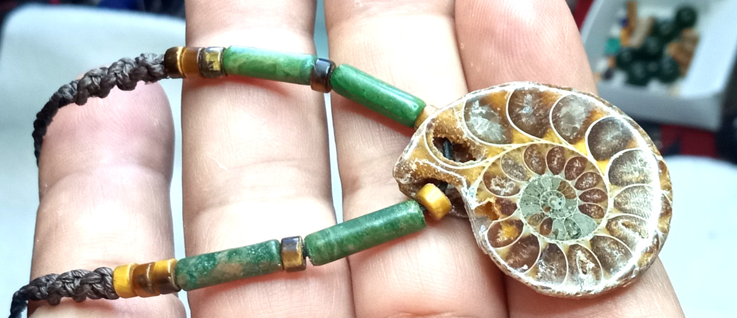 Fossil Ammonite With Nephrite beads Adjustable and Hand Braided Necklace