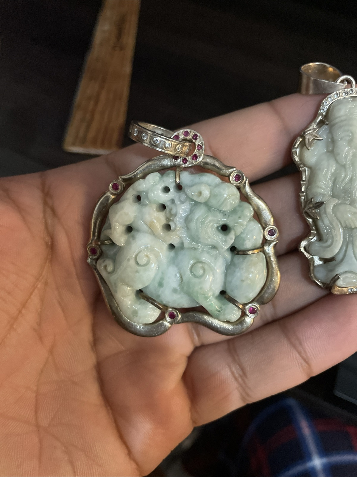 Sterling Silver Jade Pendant Lot Of 2 Foo Dog And Caishen Pendants