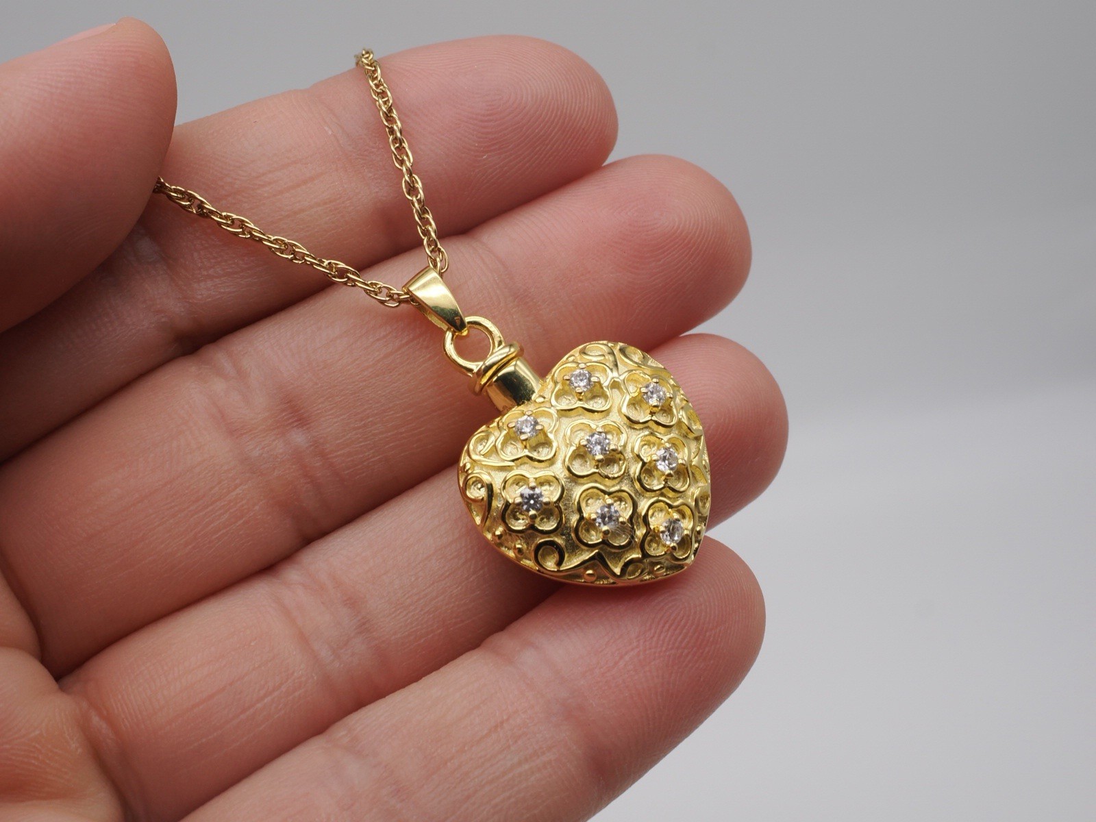 Heart Cremation Keepsakes Gold Plated Over 925 Sterling Silver Pendant Cz Stones