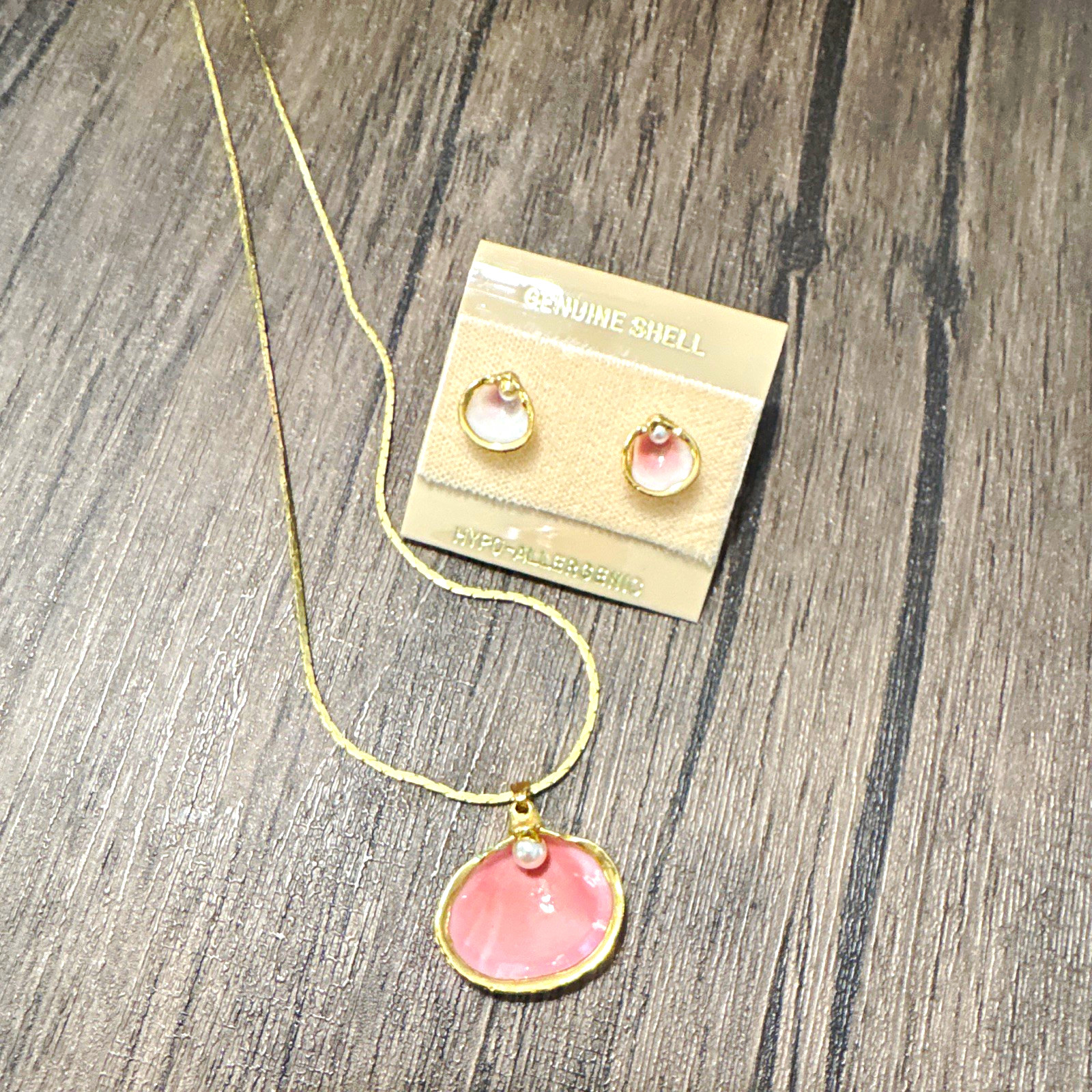 Pink Shell Teardrop Pendant Necklace & Earrings Set, Hypo-Allergenic