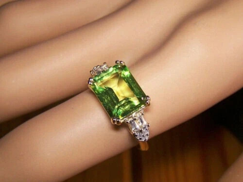 3.25Ct Emerald Cut Peridot & Diamond Engagement Ring In 14K Yellow Gold Finish