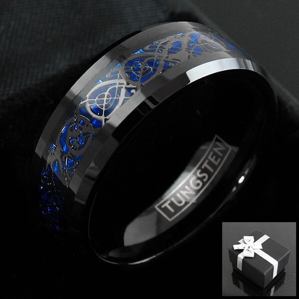 8mm Black Tungsten Celtic Dragon Blue Carbon Fiber Wedding Band Ring