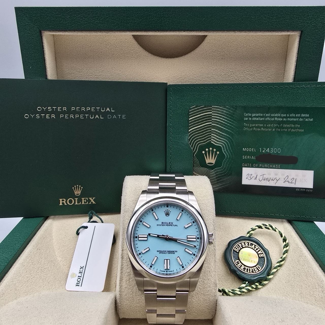 NEW STICKERED 2021 Rolex Oyster Perpetual 41mm Turquoise Blue 124300 BOX