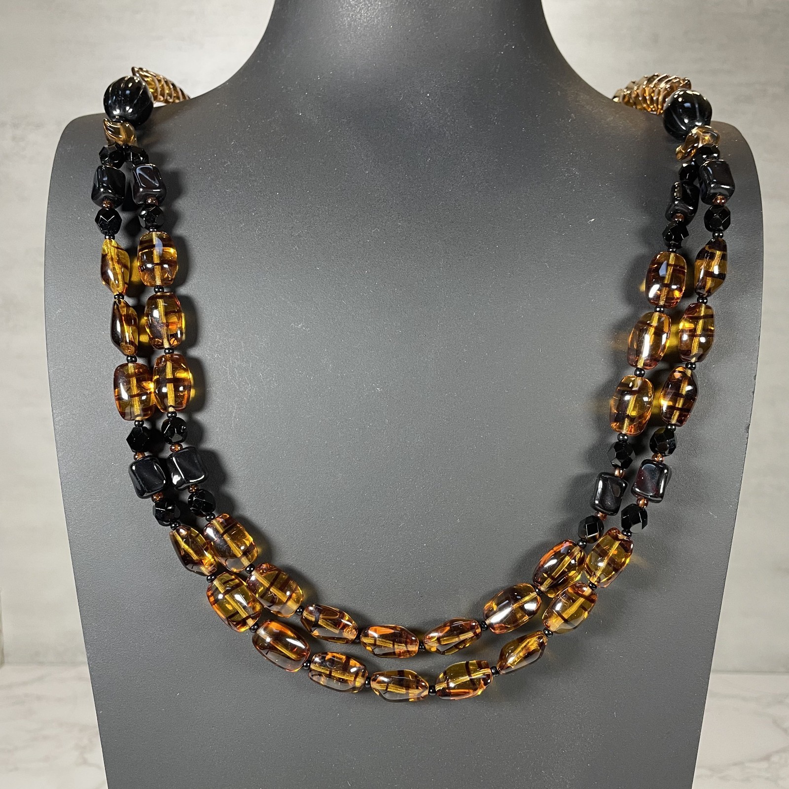 VTG ELLE of California Multi Strand Finest Bohemian Amber Glass Bead Necklace