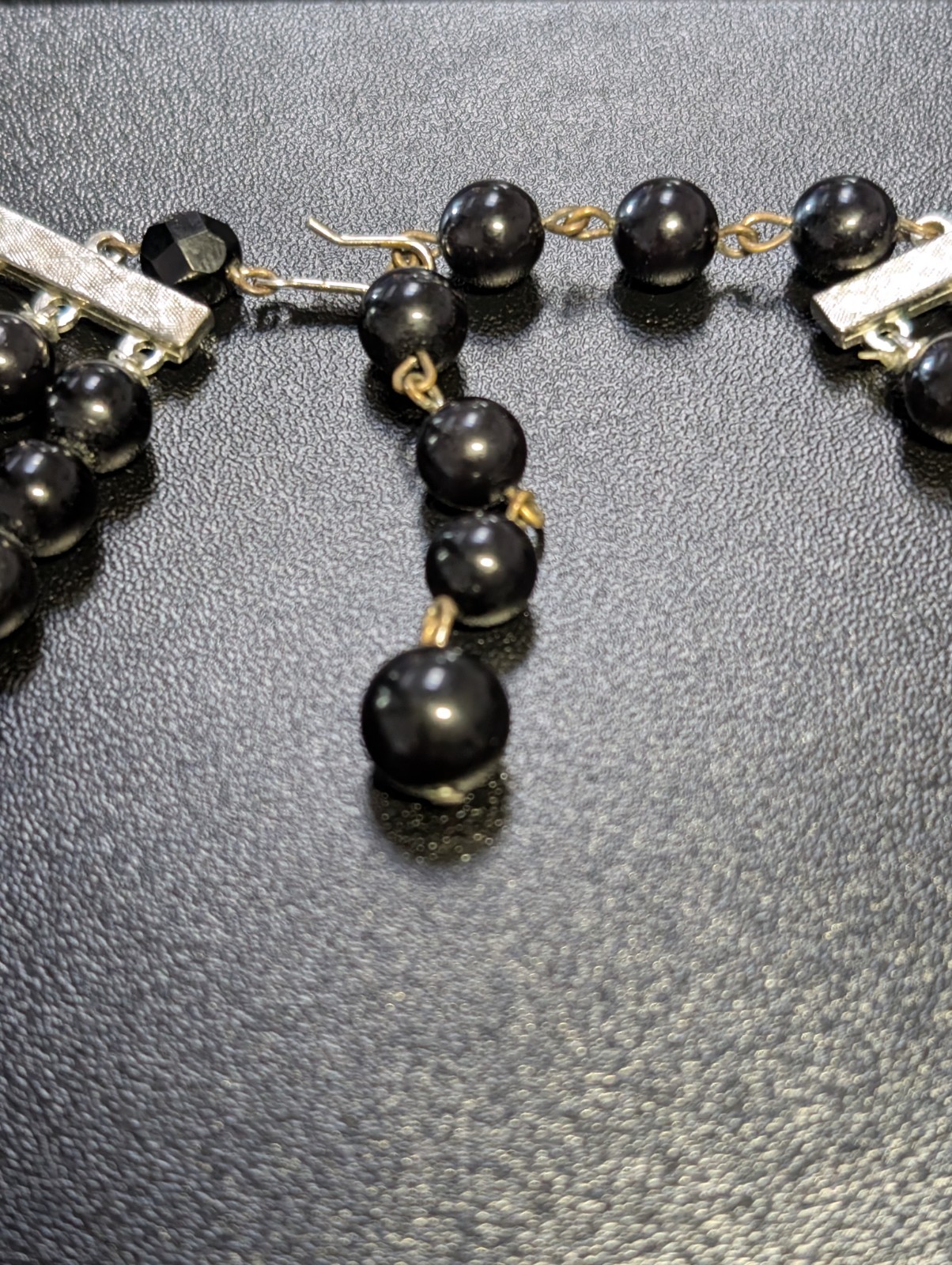 Vintage 1950s Black Aurora Borealis AB Crystal Bead Necklace 3 Strand Multi Bib