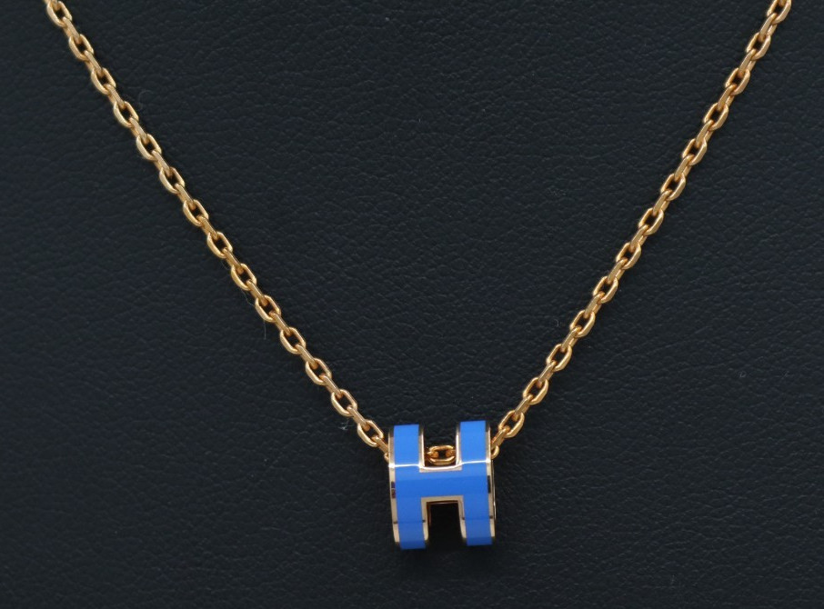 Hermes Mini Pop H Rose Gold Tone & Blue Enamel Pendant Necklace 16″