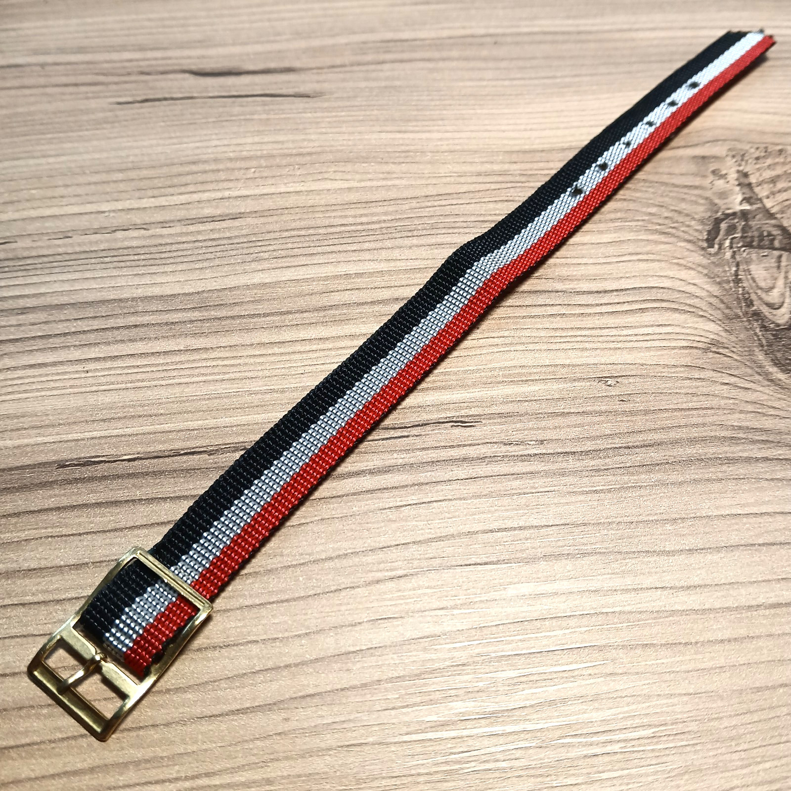 Vintage Red White Black Striped Nylon One Piece 14mm Watch Strap Gold Buckle