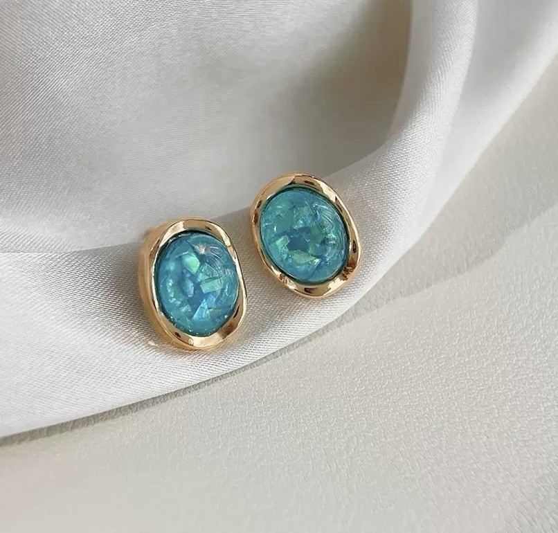 18K Gold Plated Vintage Blue Opal Glass Crystal Oval Stud Earrings for Women A16