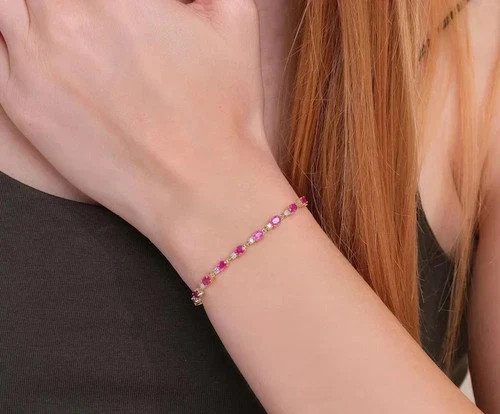 8.00Ct Oval Cut Simulated Ruby & Diamond Tennis Bracelet 14K Yellow Gold Plated