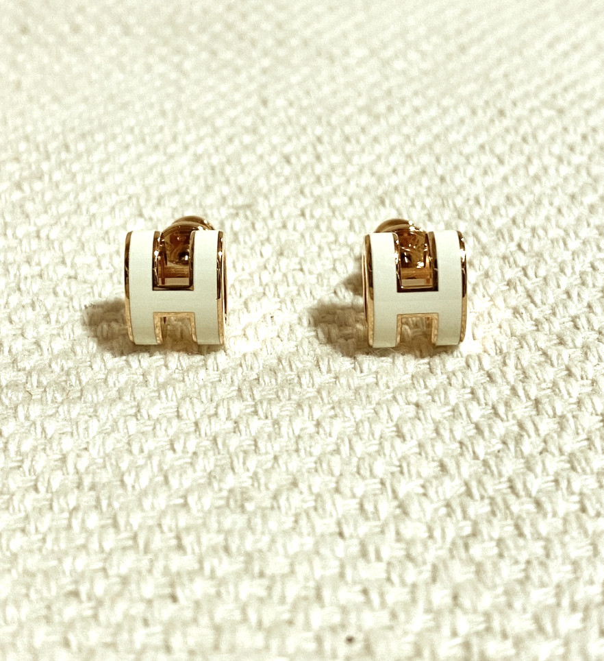 Hermes Mini Pop H White Lacquered Yellow Gold Earrings