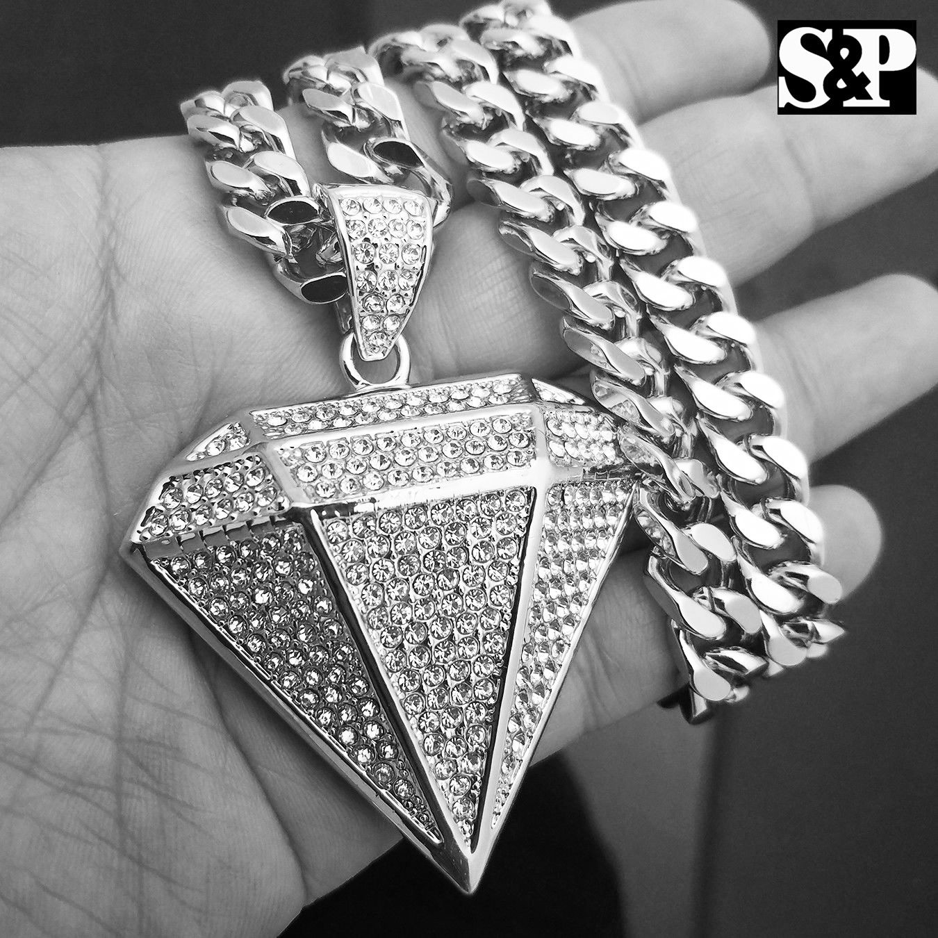 Silver Plated Alloy Cubic Zirconia Big Diamond Shape & 30″ Cuban Chain Necklace