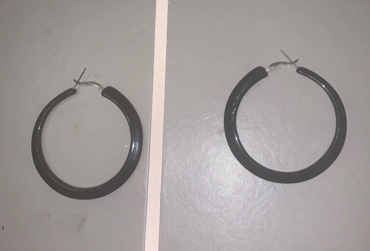Black Hoop Earrings 2.5″ Large Statement Latch Back Hinged Minimalist Chic