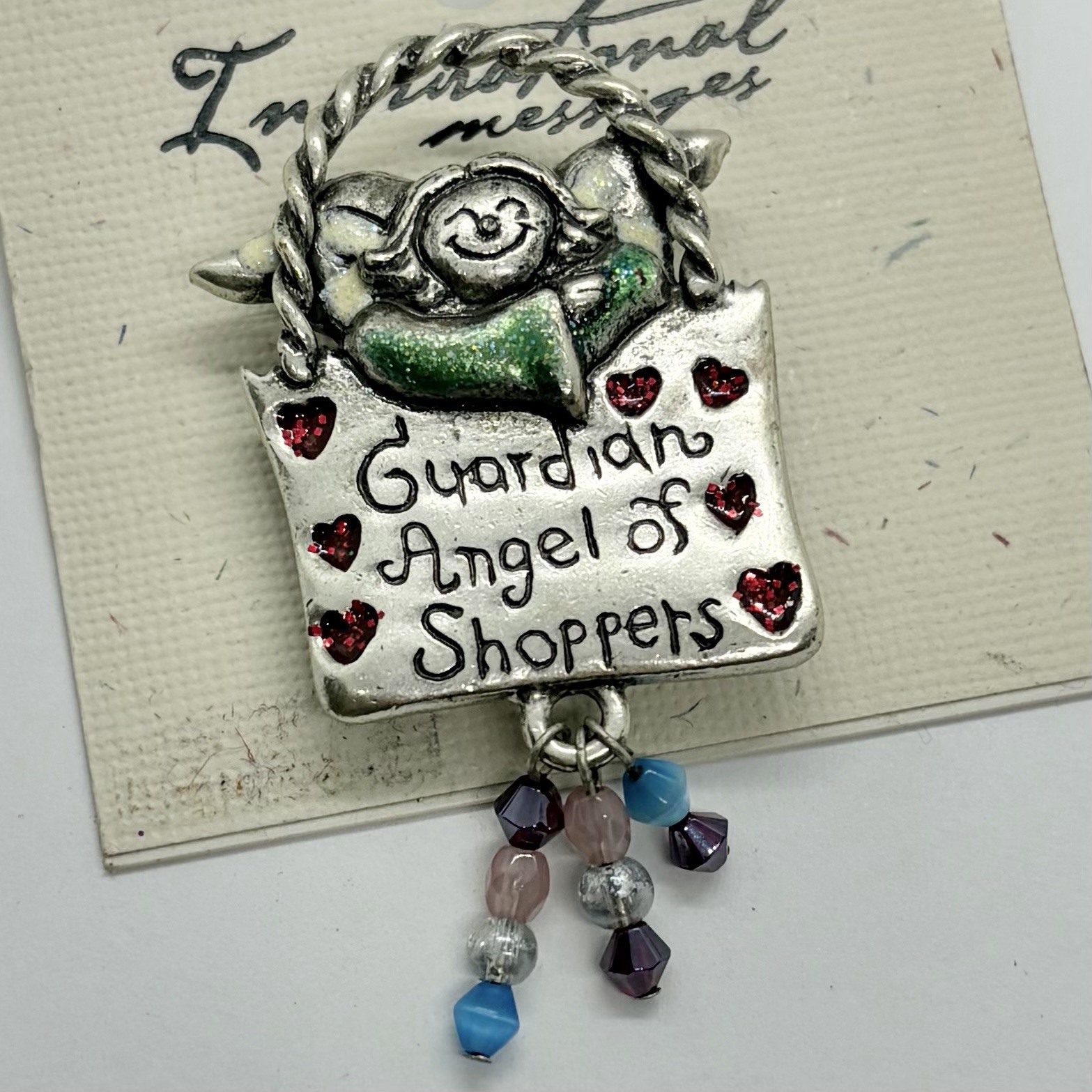 Vtg Signed 90’s Hearts Guardian Angel Shopping Brooch Dangle Glass Bead AJMC NEW